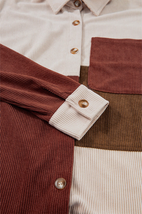 Colorblock Curved Hem Corduroy Shacket with Pocket